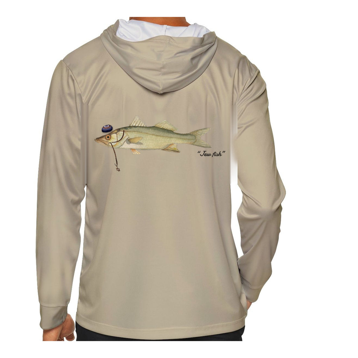 Model wearing the Sand "Jew fish" snook sun hoodie, back view