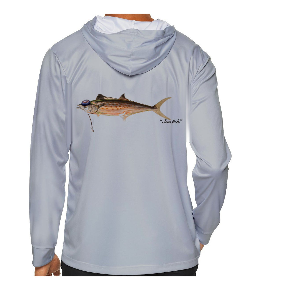 Model wearing the Light Grey "Jew fish" Spanish mackerel sun hoodie, back view