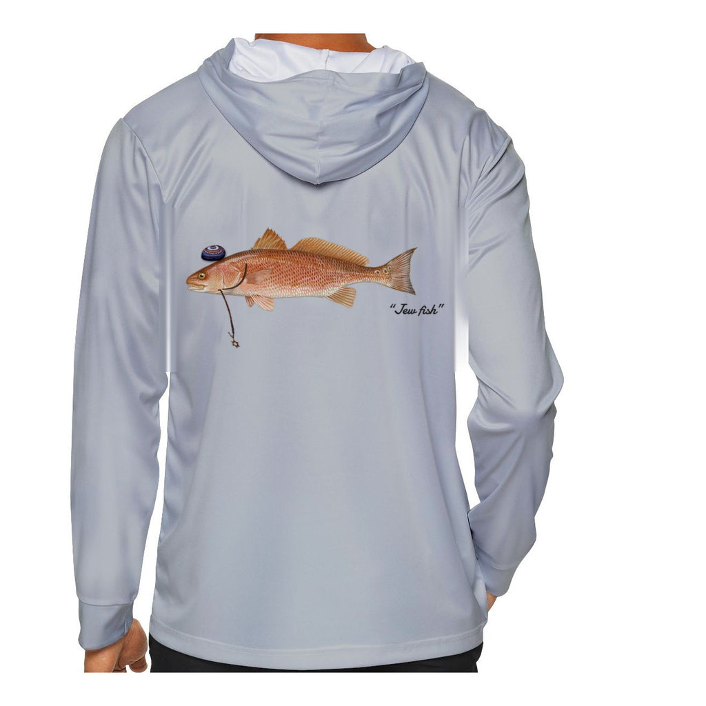 Model wearing the Light Grey "Jew fish" redfish sun hoodie, back view