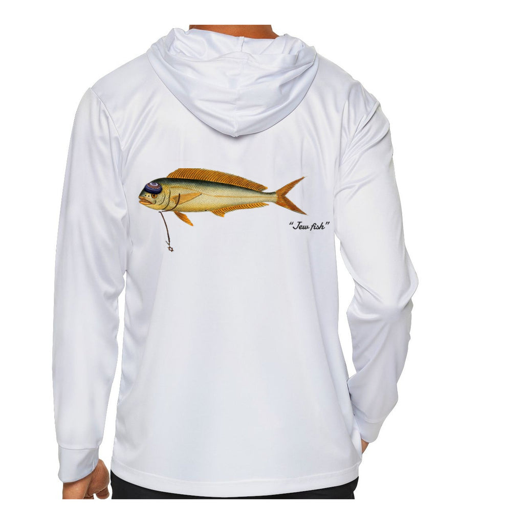 Model wearing the White "Jew fish" mahi sun hoodie, back view