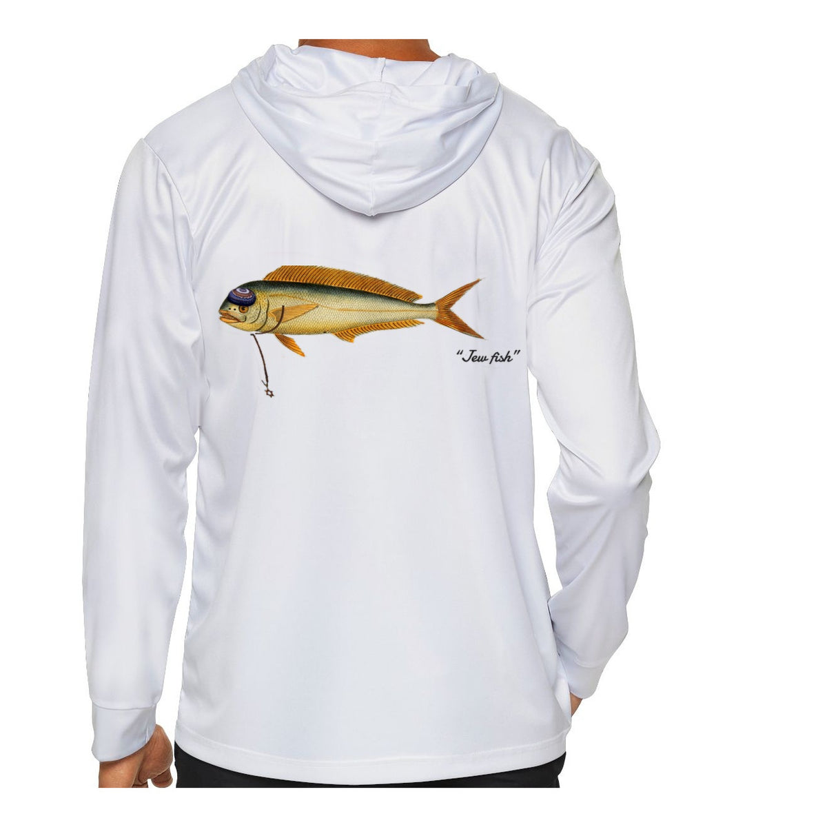 Model wearing the White "Jew fish" mahi sun hoodie, back view