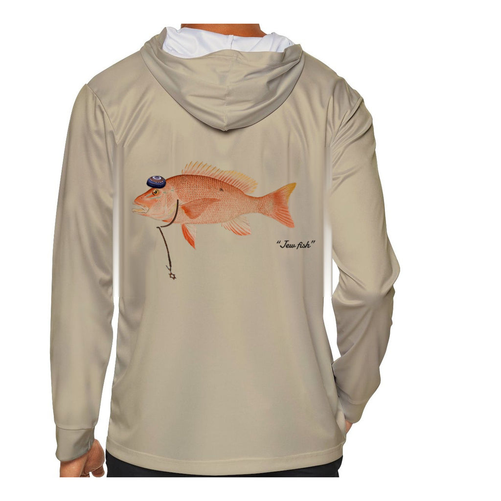 Model wearing the Sand "Jew fish" red snapper sun hoodie, back view