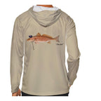 Model wearing the Sand "Jew fish" redfish sun hoodie, back view