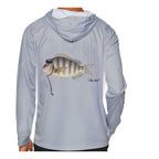 Model wearing the Light Grey "Jew fish" sheepshead sun hoodie, back view