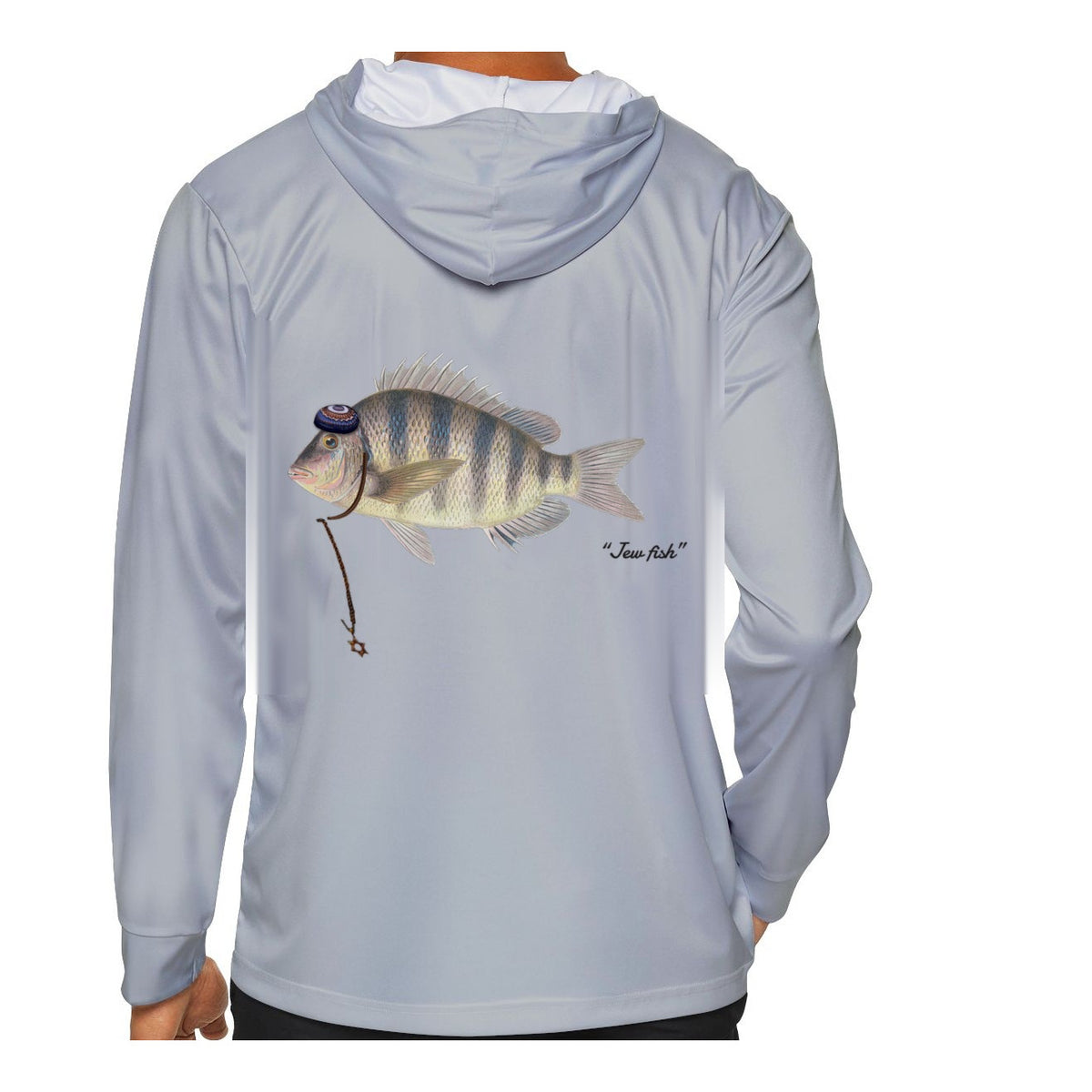 Model wearing the Light Grey "Jew fish" sheepshead sun hoodie, back view