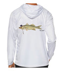 Model wearing the White "Jew fish" snook sun hoodie, back view