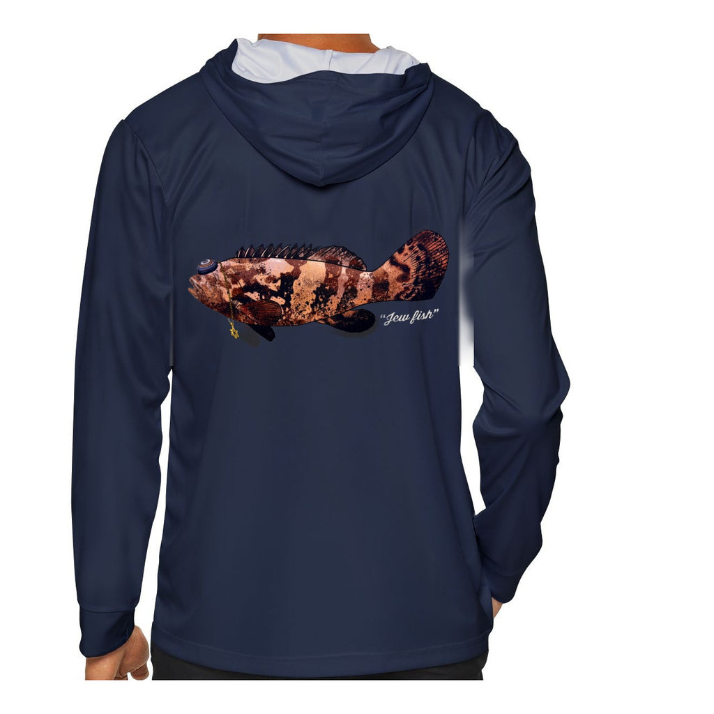 Model wearing the Navy "Jew fish" Goliath grouper sun hoodie, back view