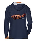 Model wearing the Navy "Jew fish" Goliath grouper sun hoodie, back view