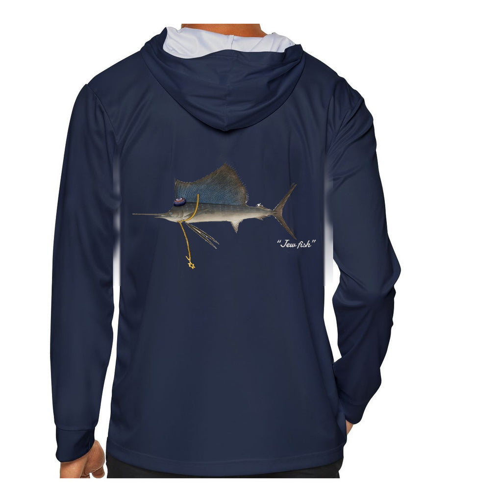 Model wearing the Navy "Jew fish" sailfish sun hoodie, back view