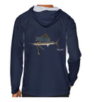 Model wearing the Navy "Jew fish" sailfish sun hoodie, back view
