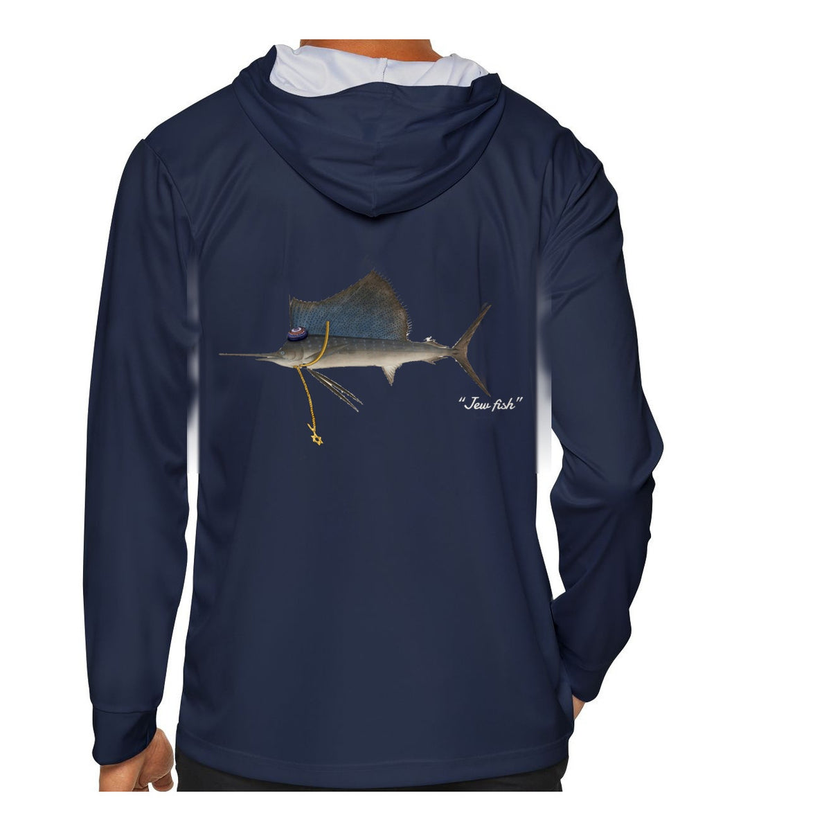 Model wearing the Navy "Jew fish" sailfish sun hoodie, back view