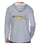 Model wearing the Light Grey "Jew fish" snook sun hoodie, back view
