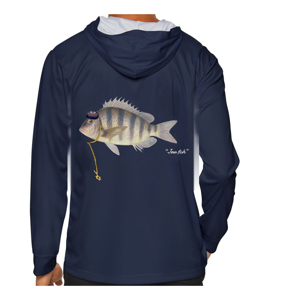 Model wearing the Navy "Jew fish" sheepshead sun hoodie, back view
