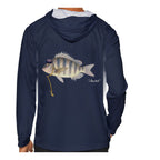 Model wearing the Navy "Jew fish" sheepshead sun hoodie, back view