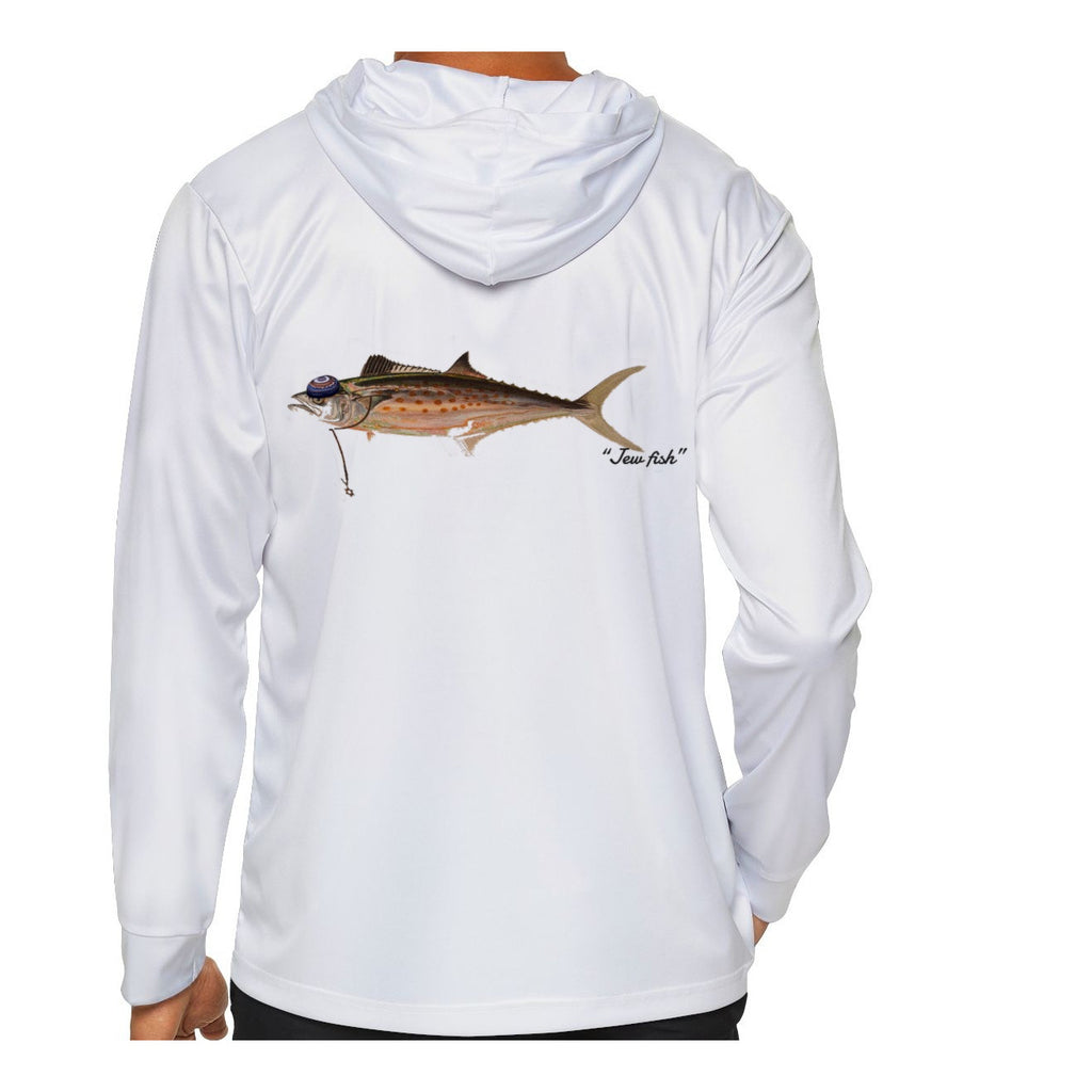 Model wearing the White "Jew fish" Spanish mackerel sun hoodie, back view