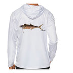 Model wearing the White "Jew fish" Spanish mackerel sun hoodie, back view