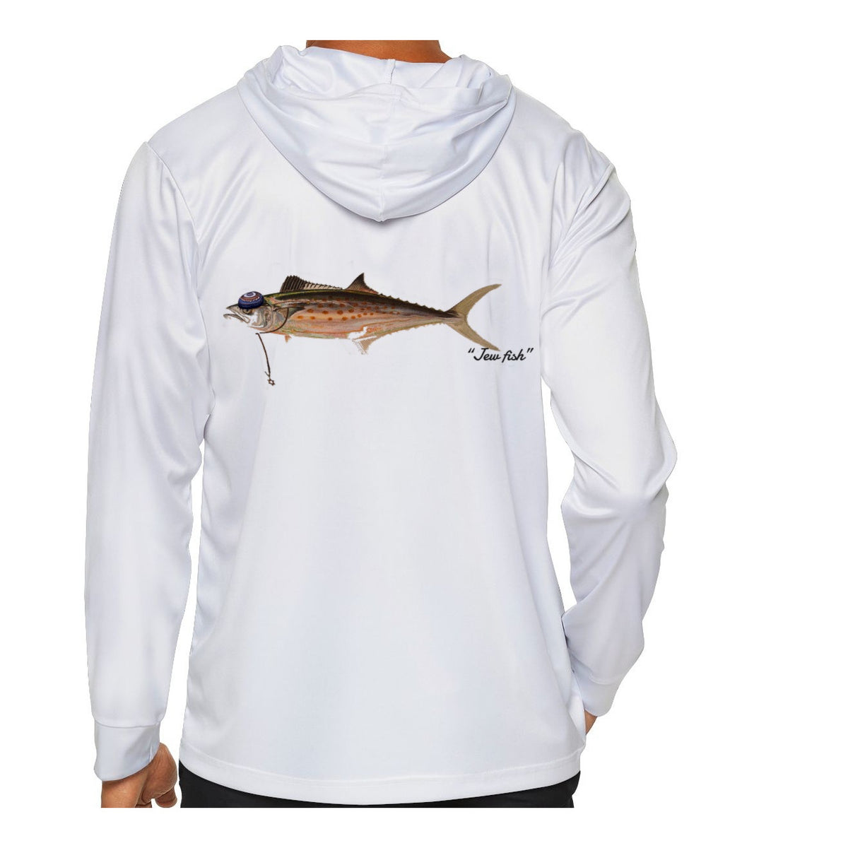 Model wearing the White "Jew fish" Spanish mackerel sun hoodie, back view