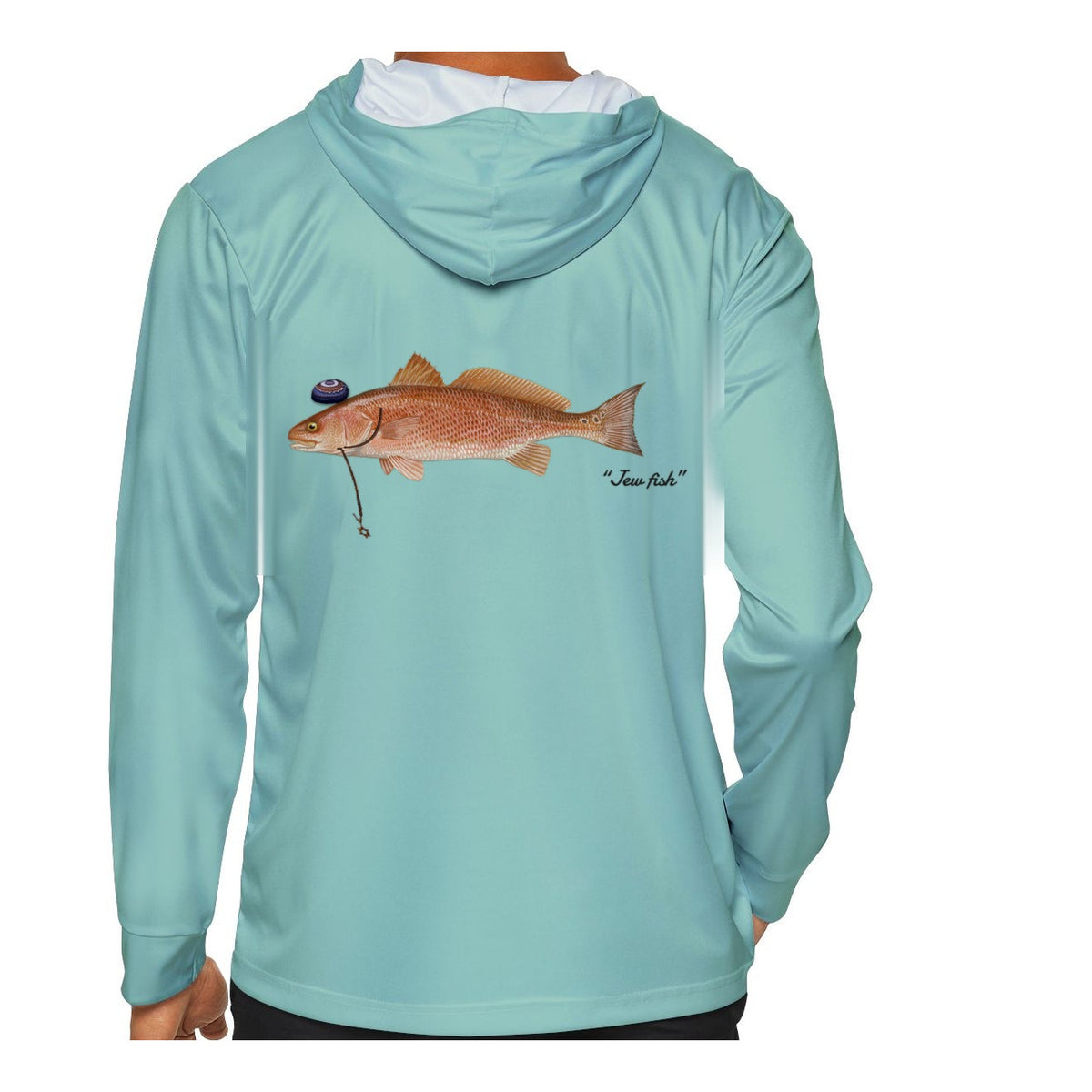 Model wearing the Seafoam "Jew fish" redfish sun hoodie, back view