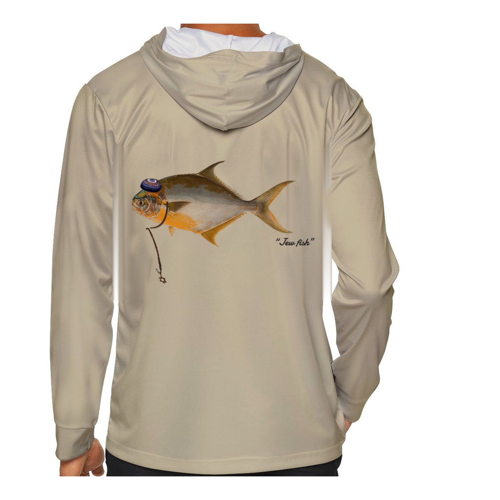 Model wearing the Sand "Jew fish" pompano sun hoodie, back view