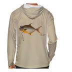 Model wearing the Sand "Jew fish" pompano sun hoodie, back view