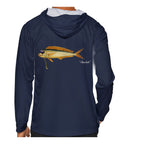 Model wearing the Navy "Jew fish" mahi sun hoodie, back view