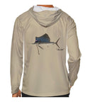 Model wearing the Sand "Jew fish" sailfish sun hoodie, back view