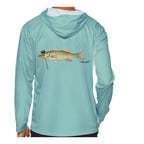 Model wearing the Seafoam "Jew fish" snook sun hoodie, back view