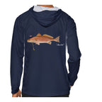 Model wearing the Navy "Jew fish" redfish sun hoodie, back view
