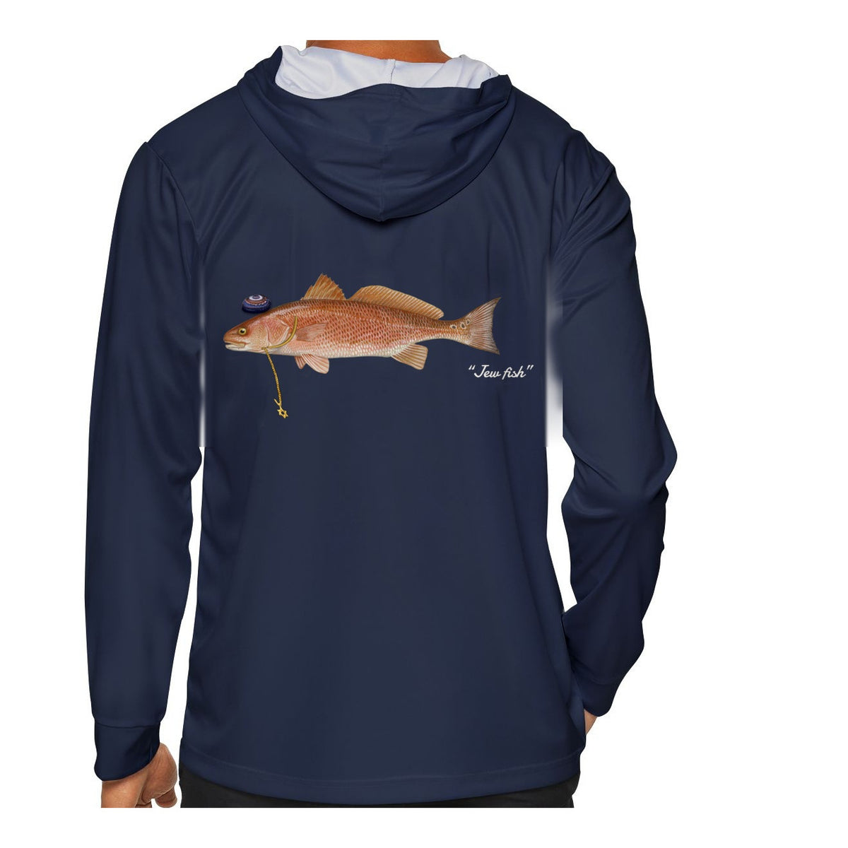 Model wearing the Navy "Jew fish" redfish sun hoodie, back view