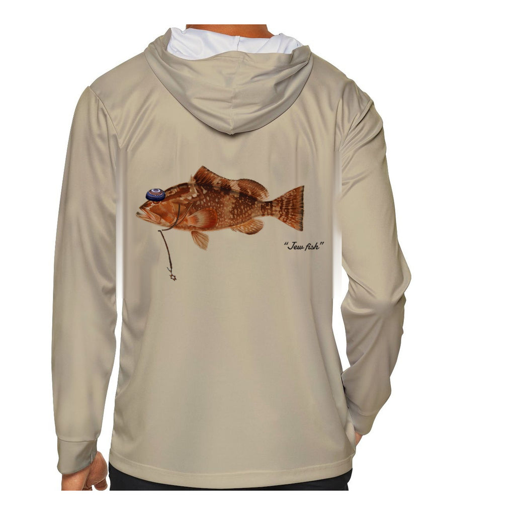 Model wearing the Sand "Jew fish" red grouper sun hoodie, back view