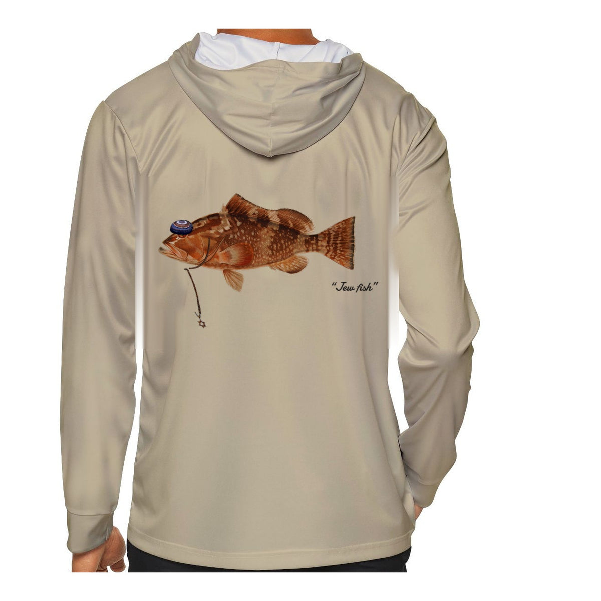 Model wearing the Sand "Jew fish" red grouper sun hoodie, back view