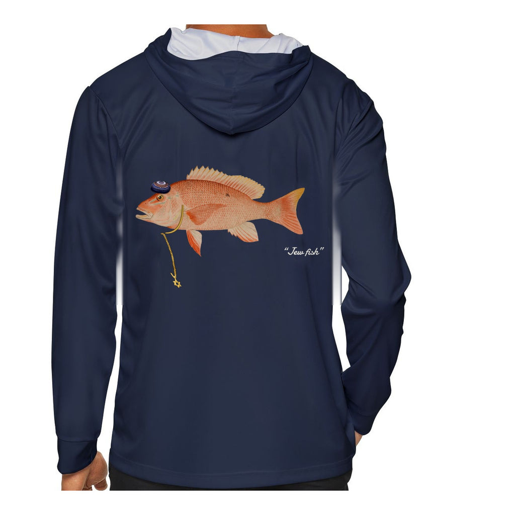 Model wearing the Navy "Jew fish" red snapper sun hoodie, back view