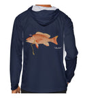 Model wearing the Navy "Jew fish" red snapper sun hoodie, back view