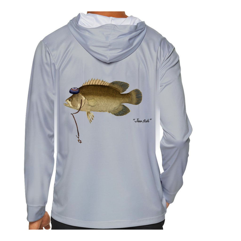 Model wearing the Light Grey "Jew fish" tripletail sun hoodie, back view