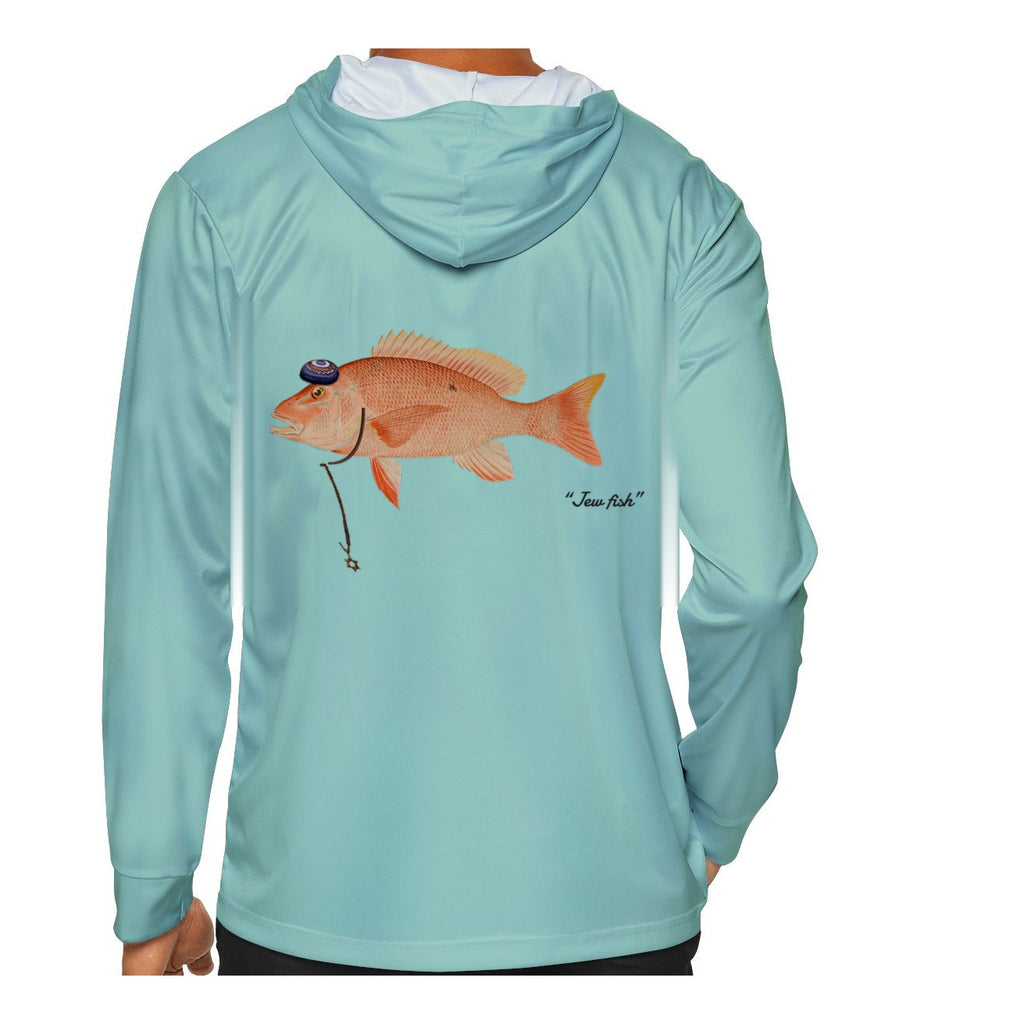 Model wearing the Seafoam "Jew fish" red snapper sun hoodie, back view