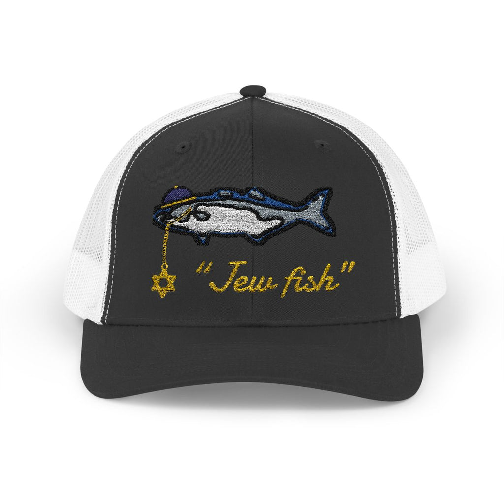 Black and White "Jew fish" bluefish trucker hat, front view: bluefish in a kippah with a Star of David chain