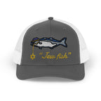 Charcoal and White "Jew fish" bluefish trucker hat, front view: bluefish in a kippah with a Star of David chain