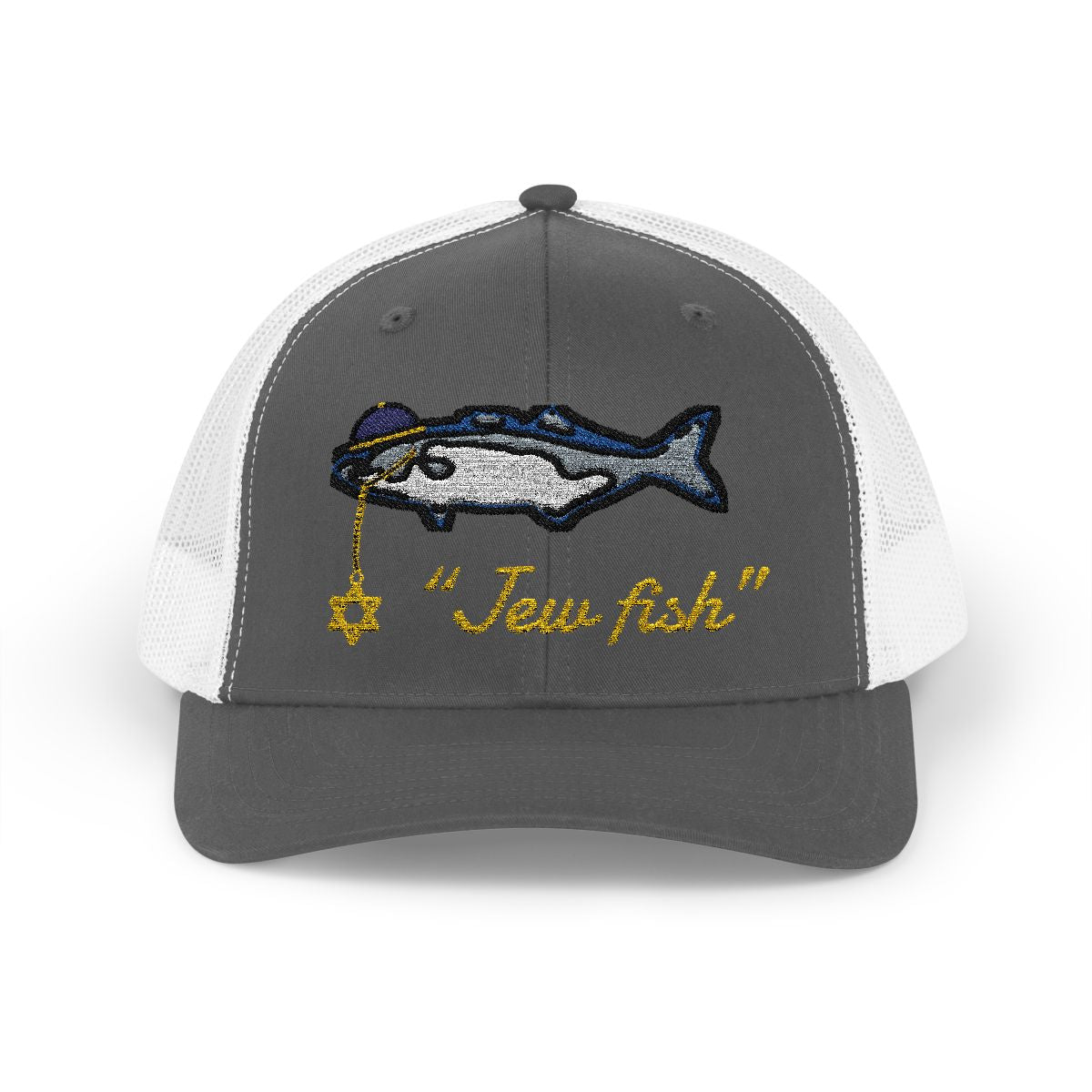 Charcoal and White "Jew fish" bluefish trucker hat, front view: bluefish in a kippah with a Star of David chain