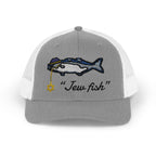 Heather Grey and White "Jew fish" bluefish trucker hat, front view: bluefish in a kippah with a Star of David chain