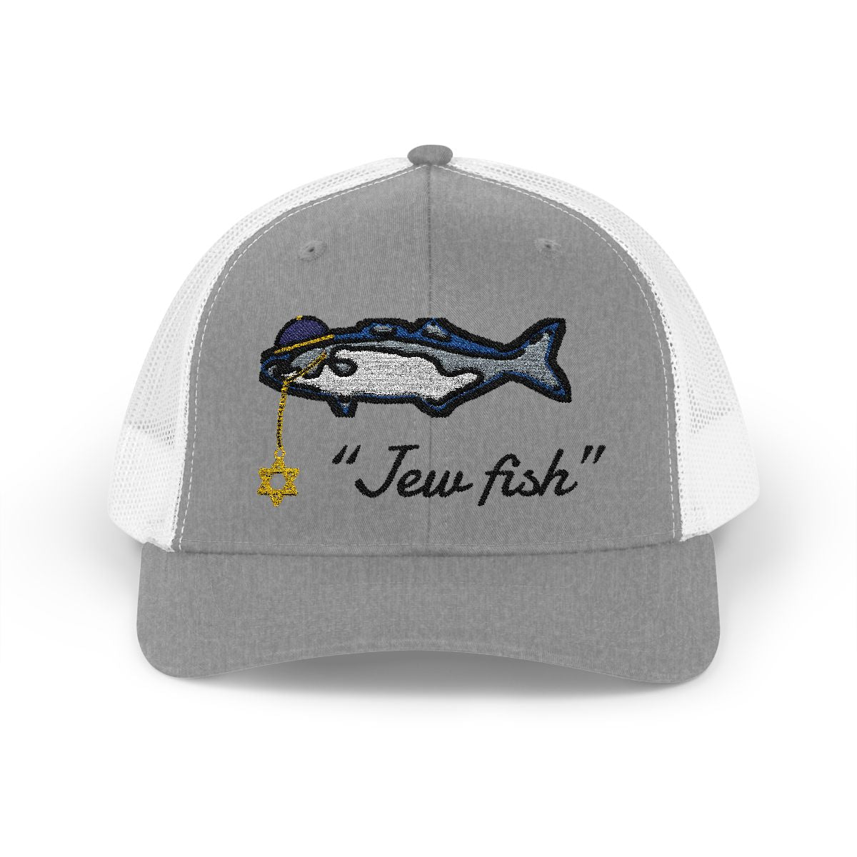 Heather Grey and White "Jew fish" bluefish trucker hat, front view: bluefish in a kippah with a Star of David chain