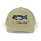 Khaki "Jew fish" bluefish trucker hat, front view: bluefish in a kippah with a Star of David chain