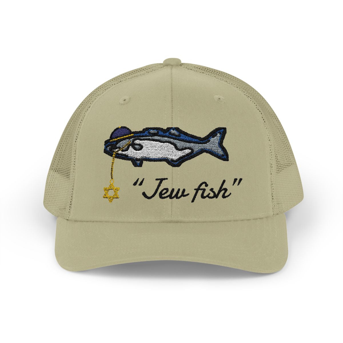Khaki "Jew fish" bluefish trucker hat, front view: bluefish in a kippah with a Star of David chain