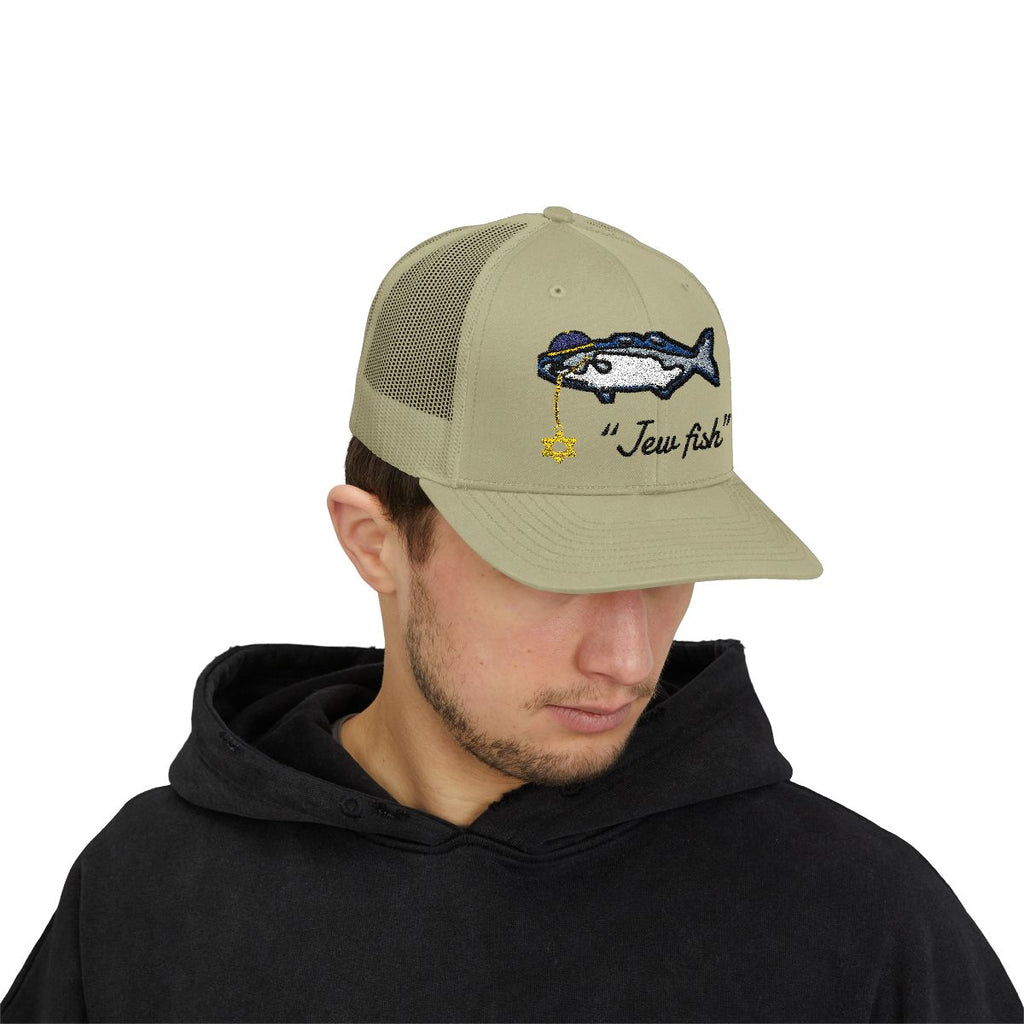 Person wearing the Khaki "Jew fish" bluefish trucker hat, front view