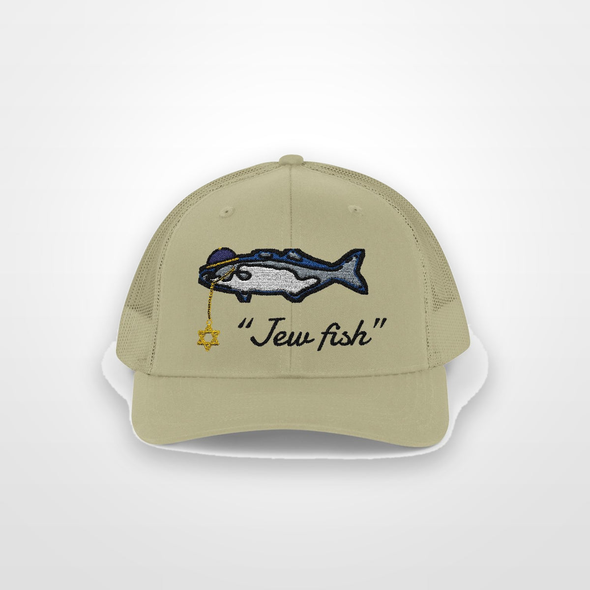 Khaki "Jew fish" bluefish trucker hat, front view on a plain backdrop: bluefish in a kippah