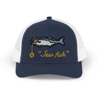 Navy and White "Jew fish" bluefish trucker hat, front view: bluefish in a kippah with a Star of David chain