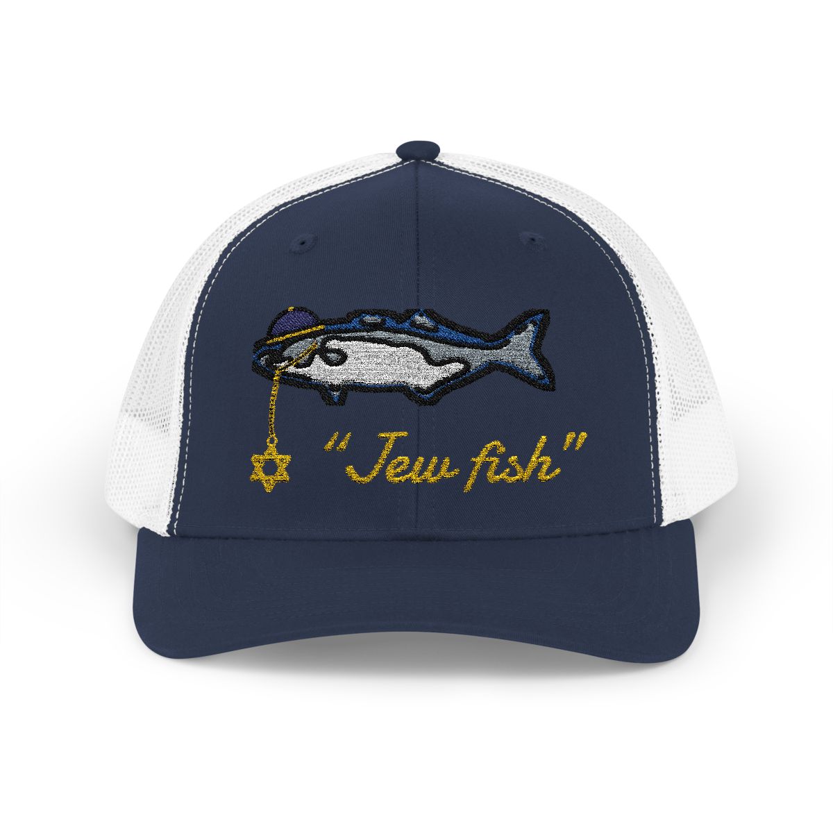 Navy and White "Jew fish" bluefish trucker hat, front view: bluefish in a kippah with a Star of David chain
