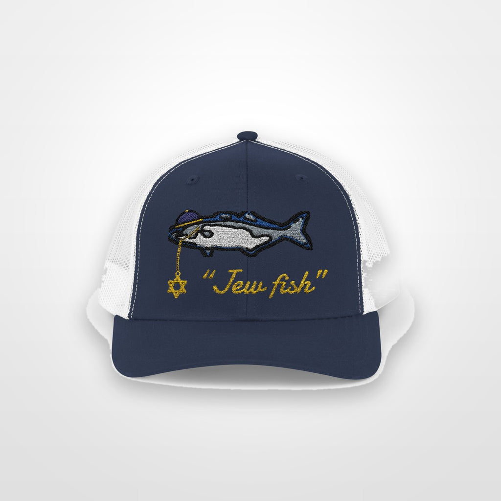 Navy and White "Jew fish" bluefish trucker hat, front view on a plain backdrop: bluefish in a kippah