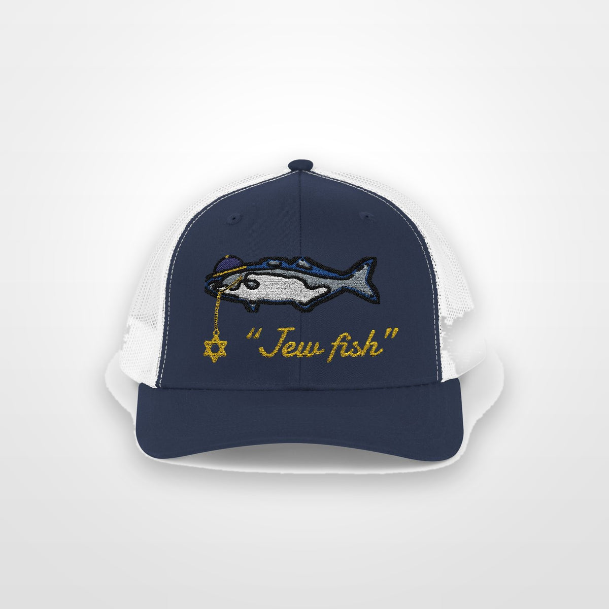 Navy and White "Jew fish" bluefish trucker hat, front view on a plain backdrop: bluefish in a kippah