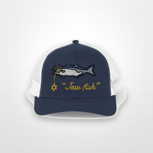 Navy and White "Jew fish" bluefish trucker hat, front view on a plain backdrop: bluefish in a kippah