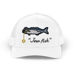 White "Jew fish" bluefish trucker hat, front view: bluefish in a kippah with a Star of David chain